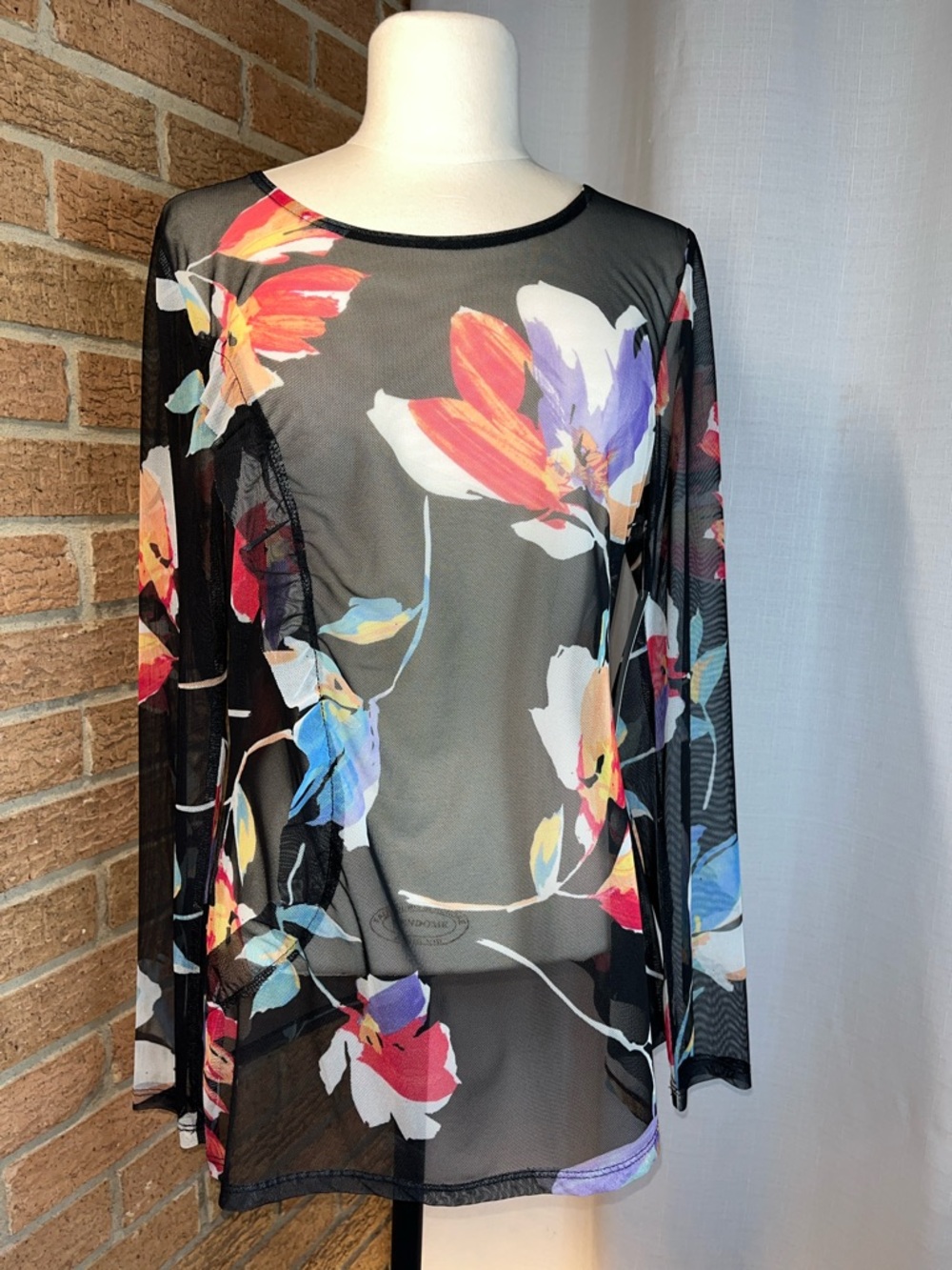 NWT PASSPORT Sheer Black Floral Long-Sleeve Mesh Blouse